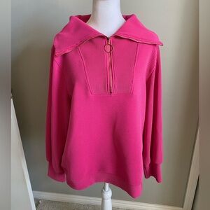 Bright Pink Ribbed Quarter-Zip Pullover